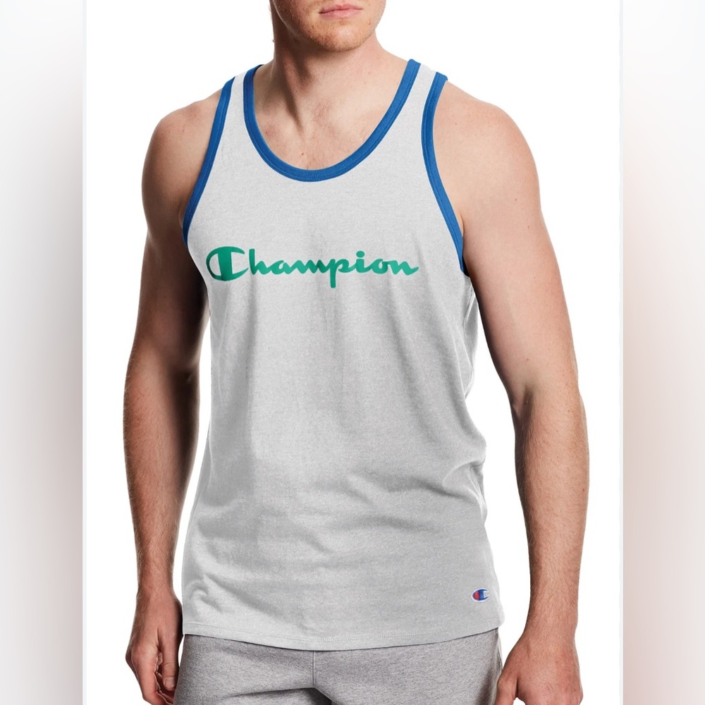 Champion Men’s Classic white With blue Trim Jersey Tank Script Logo Size M BNWT
